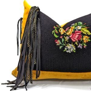 The Mustard Snake Vintage Flora Needle Point Throw Pillow